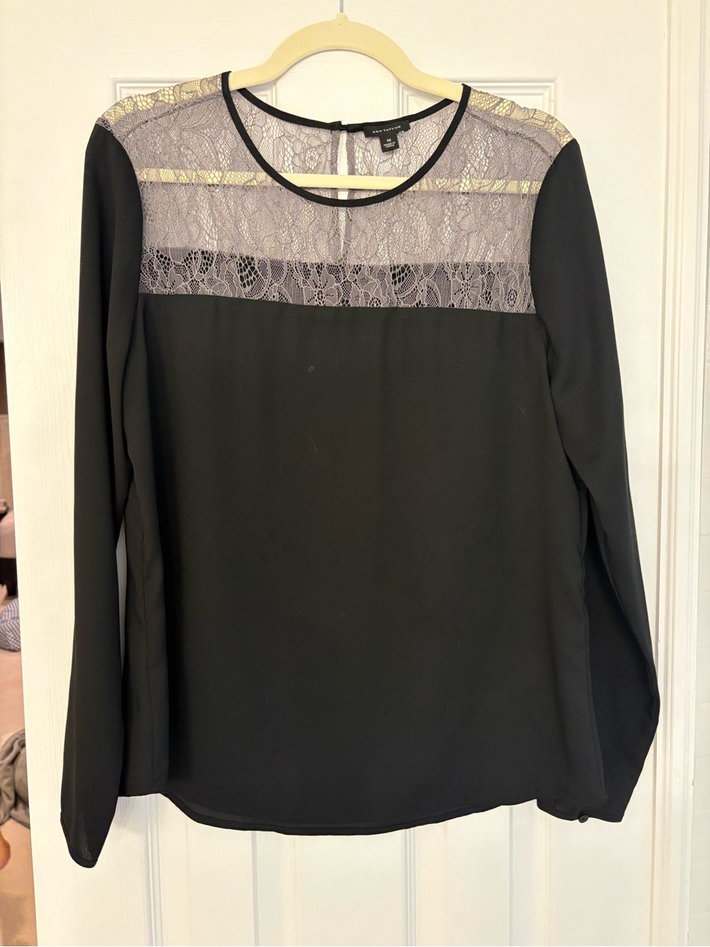 Ann Taylor Black Lace Yoke Long Sleeve Blouse